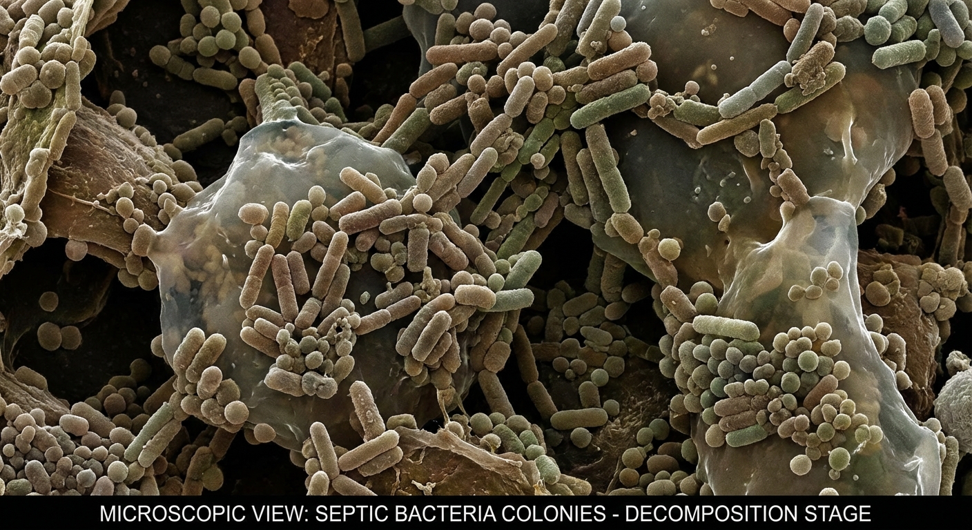 Mikroskopinis bakterijų kolonijų vaizdas septiko bako procese