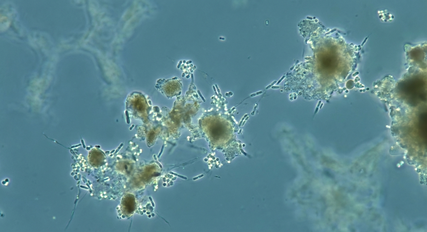 Mikroskopinis bakterijų vaizdas nuotekų valymo procese