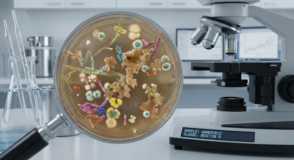 Bakterijos nuotekų valymui mikroorganizmų vaizdas po mikroskopu