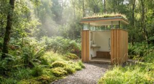 Lauko tualetas gamtos apsuptyje su bakterijų naudojimu kvapui šalinti